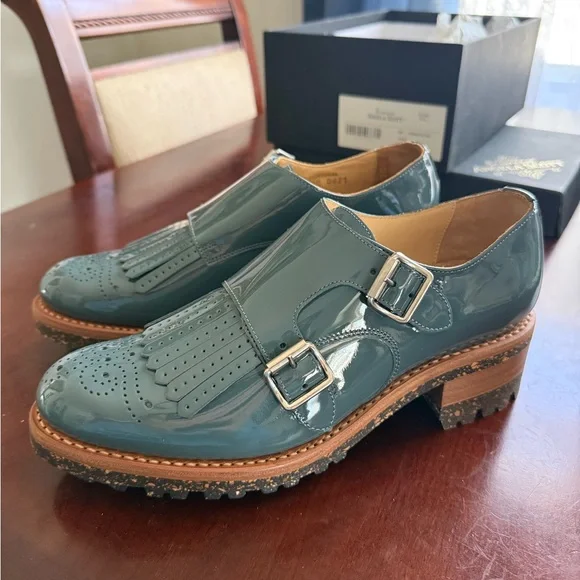 Angela Scott Teal Patent Kiltie Double-Buckle Loafers